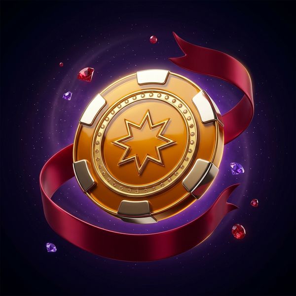 Golden bonus chip floating on glossy violet surface