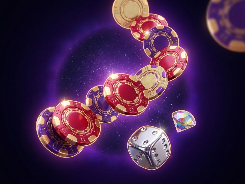 Premium casino chips cascade with neon glow against cosmic backdrop