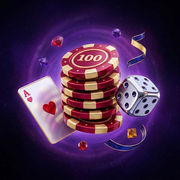 Glossy casino chips and cards against cosmic violet backdrop